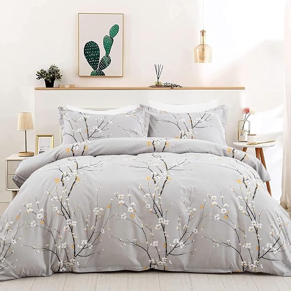 WONGS BEDDING Light Grey Floral Duvet Cover Set King, Flower Plum Blossom Prnited Bedding Set with 2 Pillowcase,3 Pcs Lightweight Comforter Cover with Zipper Closure for Kids 90"x103"(Not Comforter)