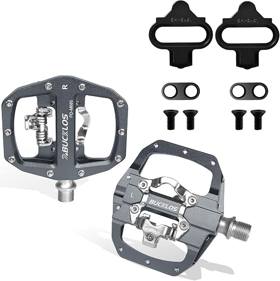 BUCKLOS SPD Pedals PD-M680 Mountain Bike Clip in SPD Flat Combo Dual Sided Pedals and Replacement Cleats BH-51 / BH-56 Compatible with Shimano MTB SPD Pedals