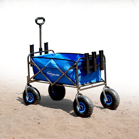 Beach Wagon with 13 Balloon Wheels, Collapsible Cart with Big Wheels for Sand, Heavy Duty 300 lbs Capacity, Folds Thin with Quick-Release Forks (Rod Holder Model, 10'' Rubber Tire)