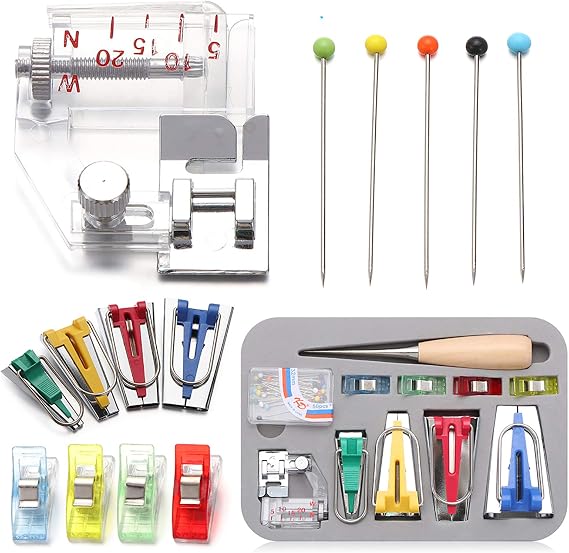 Bias Tape Tool Kit, 4 Sizes Bias Tape Maker (6mm 12mm 18mm 25mm) with Wooden Awl, Adjustable Bias Binder Foot, 4 Pcs Sewing Clips, 50Pcs Ball Point Pins, for Fabric Sewing and Quilting