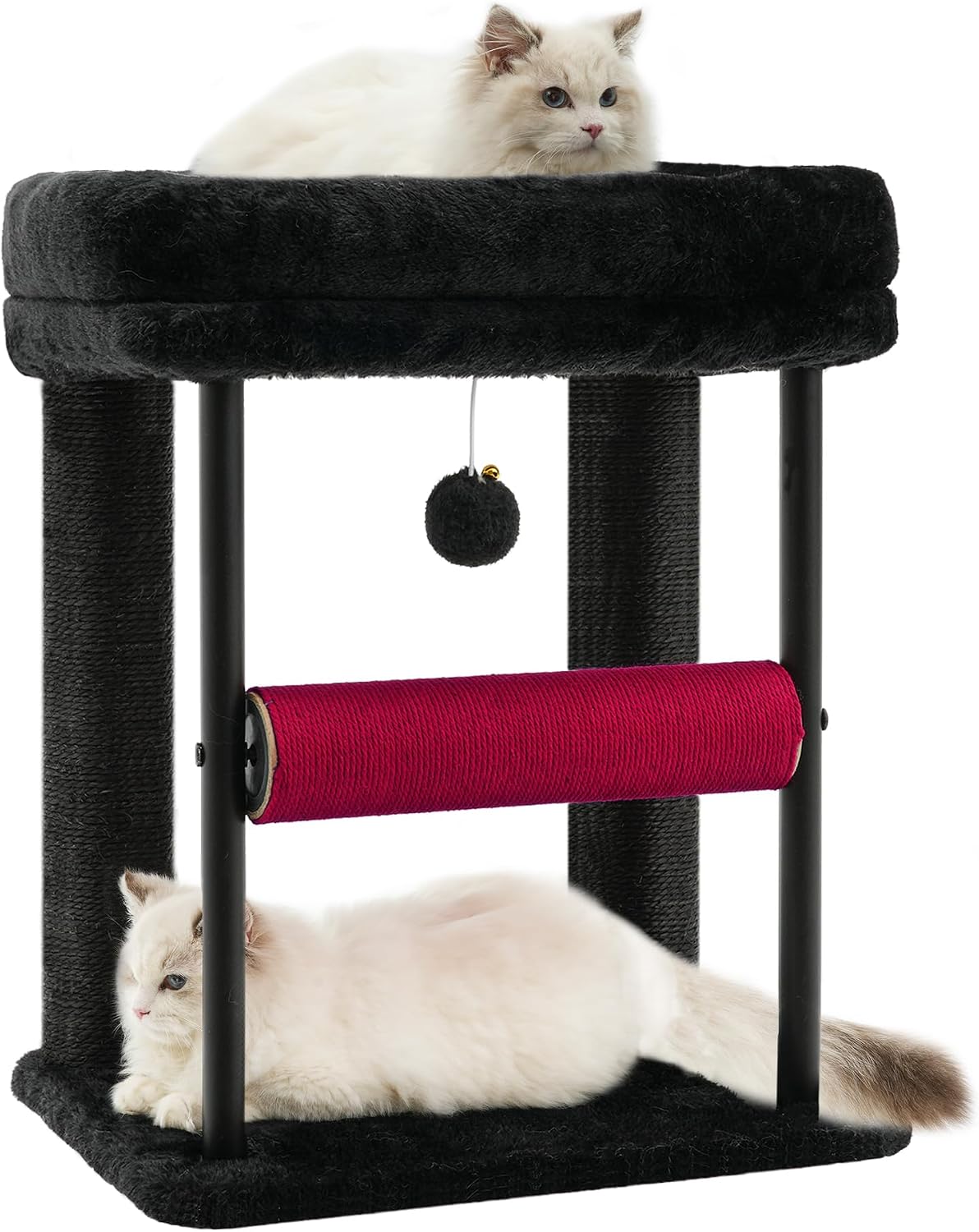 Hey-brother Cat Tree Tower with Rolling Scratching Post, Spacious Plush Platforms, Fully Sisal-Wrapped Column and Plush Toy Ball, Sturdy Bed for Indoor Kittens, 18.9 inches, Black and Red MPJ010SBR