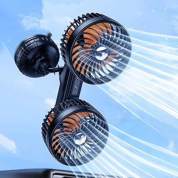 Dual Head Suction Cup Car Cooling Fan for Window Dashboard, 4000Mah Battery Powered Rechargeable USB Car Fans That Blow Cold Air, Cooler for Semi Truck Rv Van Tractor Cab Vehicles without Ac