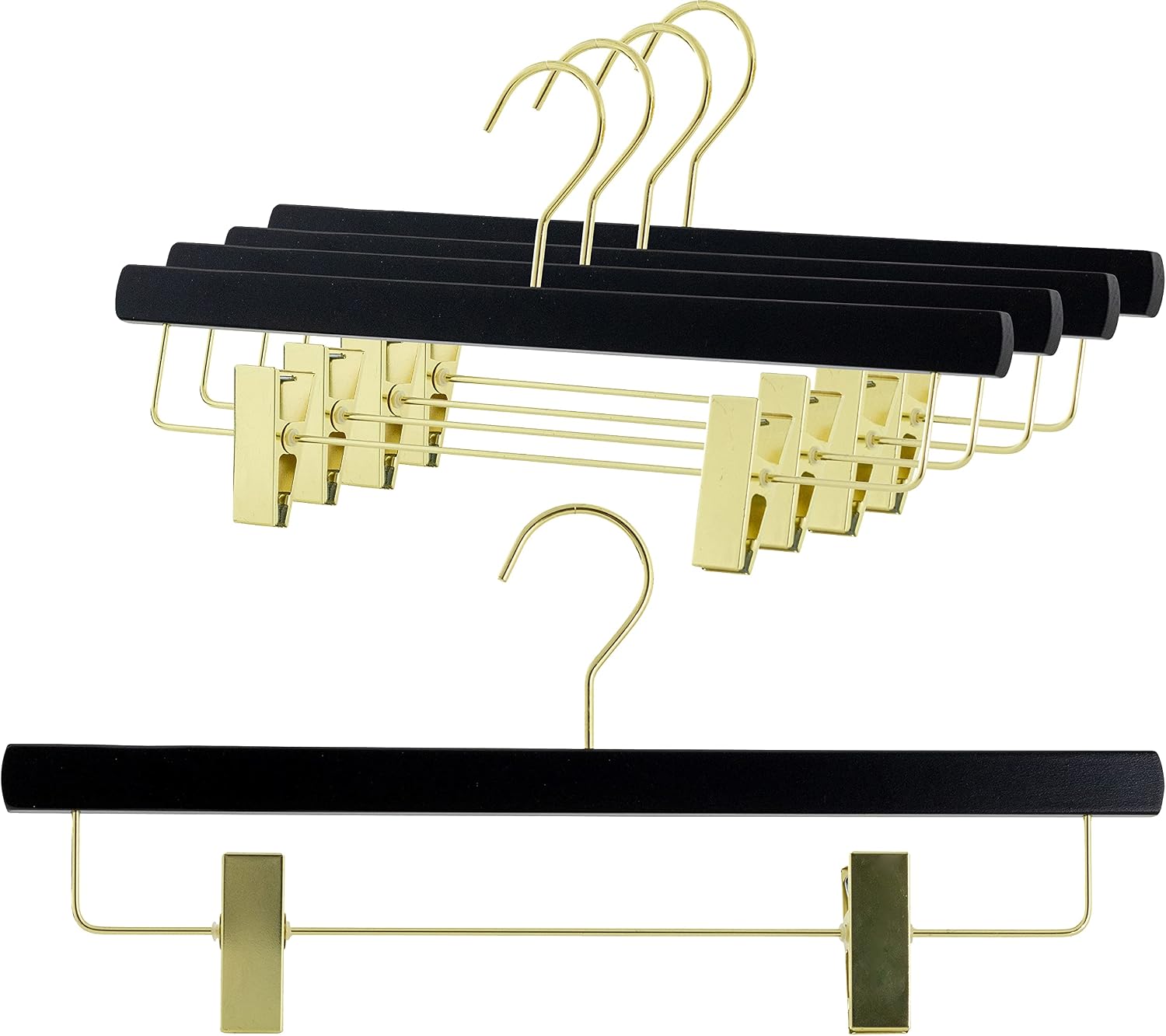 MAWA by Reston Lloyd, European Wooden Hanger, Beech Wood Hanger with Adjustable Pant Clips, Rotating Gold Hook, Black Finish, for Pants, Shorts, Skirt Clothes Hanger 27415, Set of 5