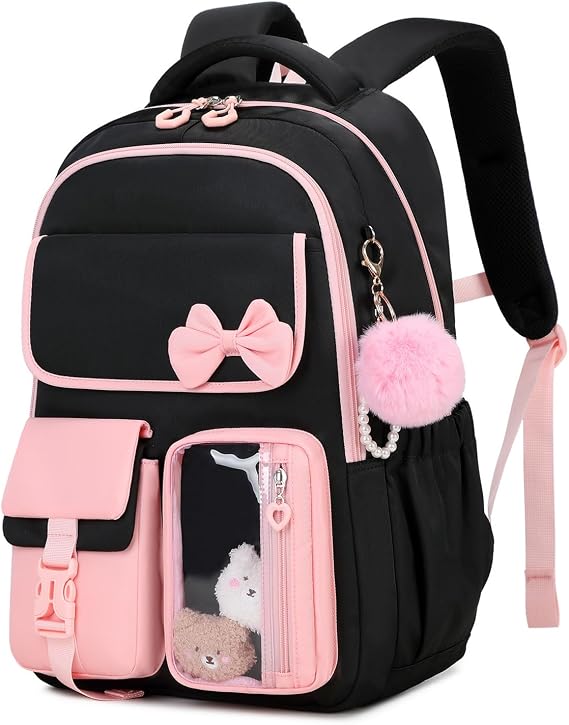 Girls School Backpack, Cute Kids Rucksack for Primary Secondary School, School Bag for Teenagers with Bow & Pom Pom Charm, Multi-Pocket