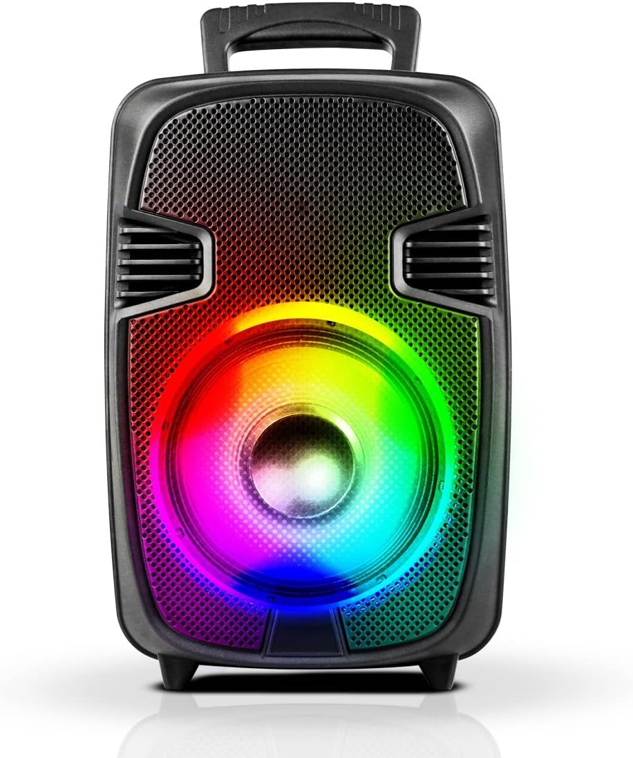 Top Tech Bull-8 Portable Bluetooth Speaker 8-Inch Sub Woofer, TWS, Multi-Color Disco Lights, Karaoke Mode, 6 Hr Battery, TF Card, USB, FM Radio, AUX Input & Wireless Microphone Compatible