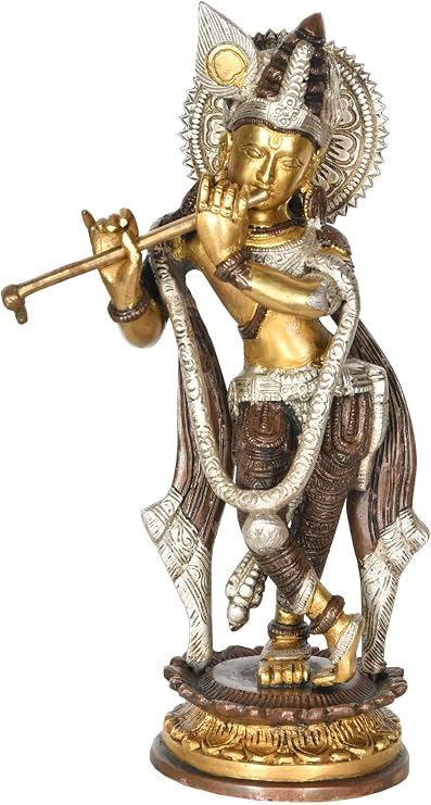 Exotic India Krishna, Making Divine Music On His Flute - Brass Statue - Color Brown Silver Gold