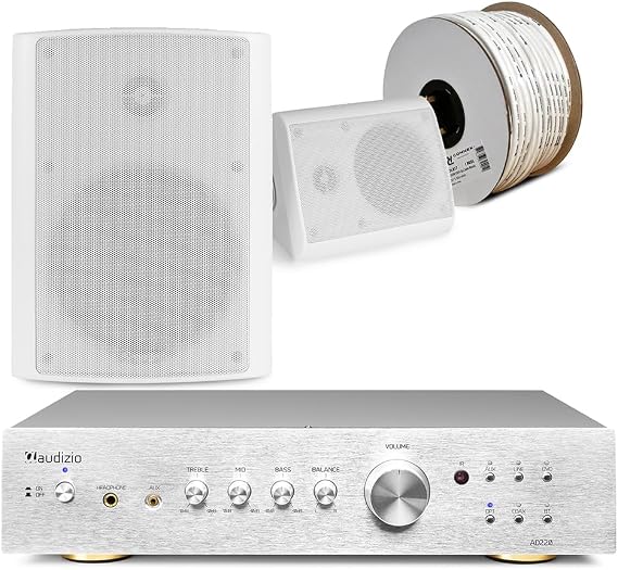 Power Dynamics Audizio AD220A Outdoor Garden Speaker System - 2x BGO65 White, IPX5 Weatherproof Sound System, On-Wall Stereo Speakers with Bluetooth, Optical and Line Inputs