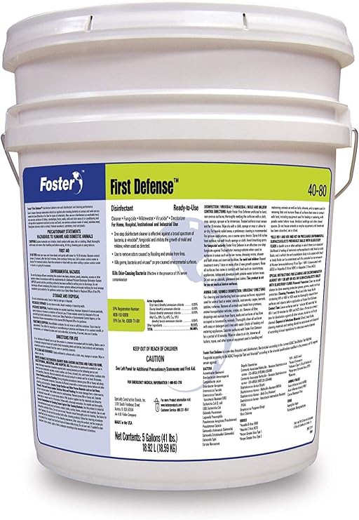 Foster First Defense 40-80 Disinfectant Cleaner. For Home, Hospital, Institutional and Industrial Use. Deodorizes and Cleanses Most Surfaces. 5 GL Bucket with Handle.