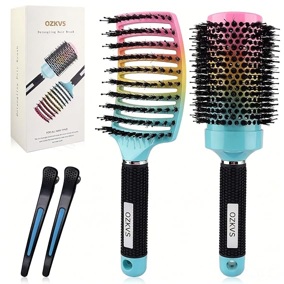 Boar Bristle Brush Set,Round Brush for Blow Out & Blow Drying | 4 Piece Hair Brush Set for Fine & Thick Hair, Detangling for Curl Defining & Wet Hair
