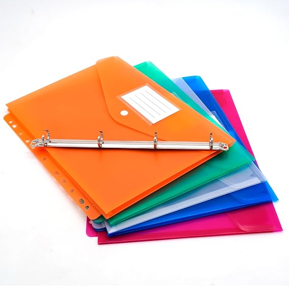 5 Pack Clear Plastic Envelopes Document File Folders with Refillable Ring Binder, A4 Size, with Label Pocket and Snap Button (Multicolored)