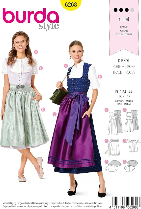 Burda Style Sewing Pattern 6268 - Misses' Jumper Dress in Dirndl-Style, Blouse and Apron, Size A (8-10-12-14-16-18)