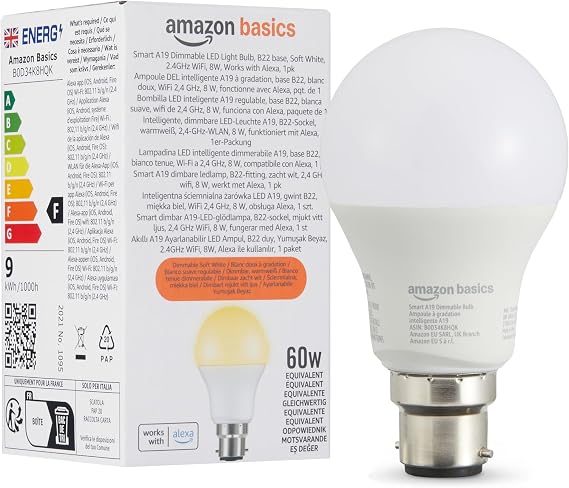 Amazon Basics Smart Dimmable LED Light Bulb, B22 Base, Soft White, 8W (60W Equivalent), Works with Alexa Only, 1 Pack [Energy Class F]