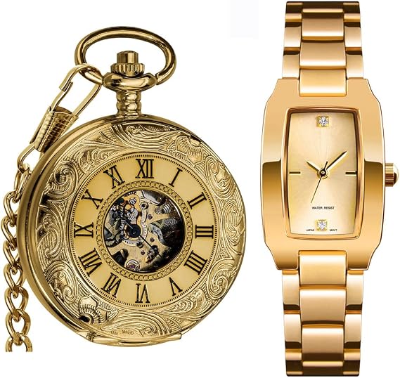 VIGOROSO Mens Mechanical Pocket Watch with Chain Half Hunter Double Cover Skeleton Gold in Box+Ladies Fashion Watch Square Gold Bracelet Stainless Steel Waterproof Analog Quartz Wrist Watch for Womens