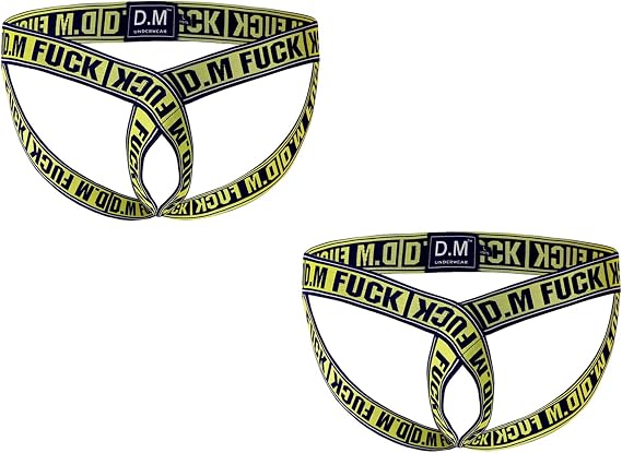 Men's Sexy Jock Strap Underwear Breathable T-back Hollow Out Letter Graphic Printed G-string Low Waist Tight Elastic Strap Underpants M, 2 Pack-Yellow