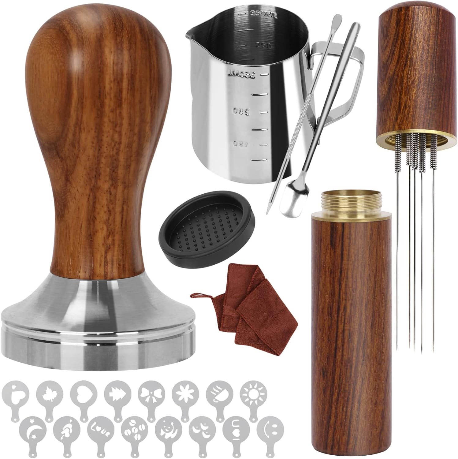 Y-Step 23 PCS Coffee Tamper Set, Coffee Accessories Barista Set, with Espresso Tamper 51mm, Espresso Coffee Stirrer, Milk Jug, Tamper Mat, Barista Towel, Latte Art Pen and 16 Decorative Stencils