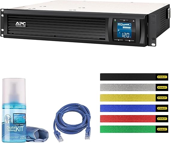 APC 1500VA UPS SMC1500-2UC Rack Mount Sinewave Battery Backup Bundle | For Power Backup & Surge Protection | SmartConnect | AVR | Line Interactive | 120V | Includes Cleaning Kit + Ethernet Cable