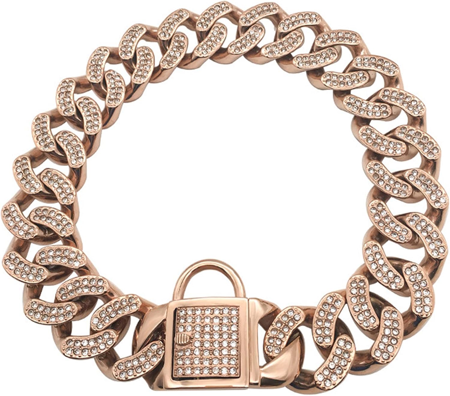 Chain Metal Dog Collar, 32mm Wide Luxury Metal Cuban Chain Strong Chew Resistant Dog Collar with Safety Lock and Bling Diamond Necklace Chain for Medium Large Dogs