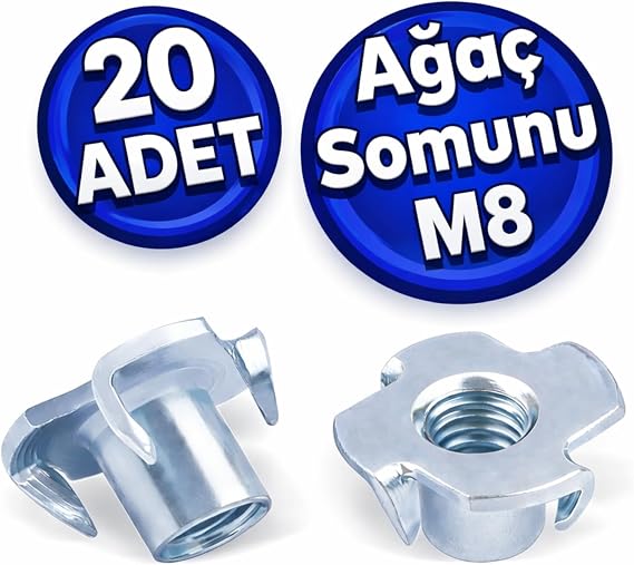Çakma Ağaç Somunu M8, Çinko Kaplama, Ahşap ve Mobilya Bağlantı Somunu, Çakmalı Dişli Dübel, Dayanıklı Metal, 20 Adet
