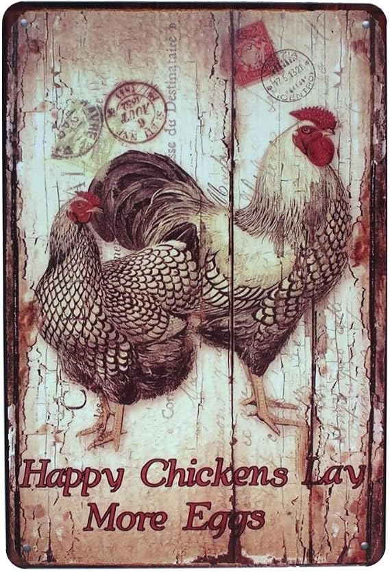 Happy Chickens Lay More Eggs, Rooster Decor Metal Tin Sign, Wall Ornament Farm & Bar Decor 8" X 12"
