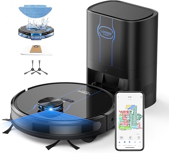 Laresar Clean Robot Vacuum and Mop, 8000Pa Robotic Vacuum with Self-Emptying Base, Lidar Navigation, Smart Mapping, 60 Days Capacity, 180mins Runtime, Ideal for Pet Hair, Hard Floor, Carpets
