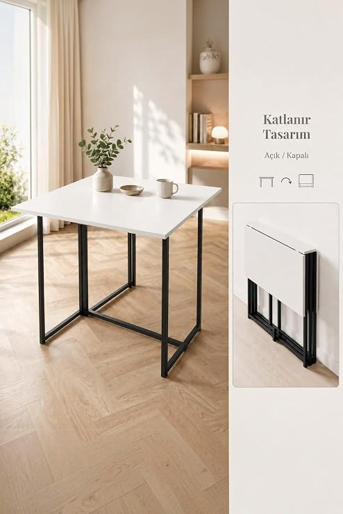 Workcomo Katlanır Çalışma Masası Yemek Masası Mutfak Masası Balkon Masası Çok Amaçlı Masa Siyah - Beyaz