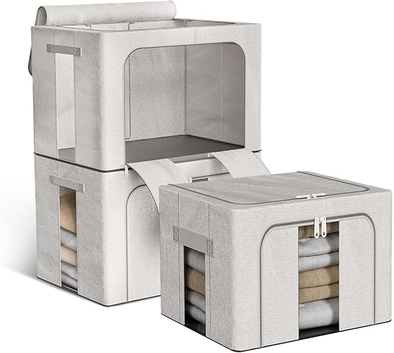 3 Pack Clothes Storage Boxes, 24L Clothes Organiser With Metal Frame, Foldable Clothes Storage Bag, Storage Boxes With Lids Bedding Storage For Blankets, Bedding, Comforters (Grey)