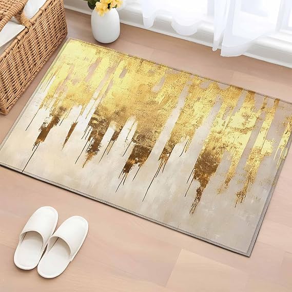 Area Rugs 2x3 for Living Room, Abstract Gold Non Slip Washable Rug Runner, Modern Brush Luxury Strokes Artwork Low Pile Indoor Floor Carpet Mat Bathroom Rugs for Bedroom, Kids Room