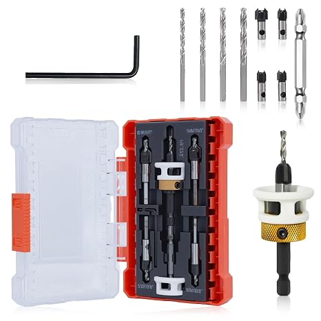 Carbide Tipped Countersink Drill Bits Set with Low Friction Depth Stop,Replace HSS Pilot Drill Bit, 1/4" Quick Change Hex Shank Countersink Bit Set for Wood, Plastic, Woodworking
