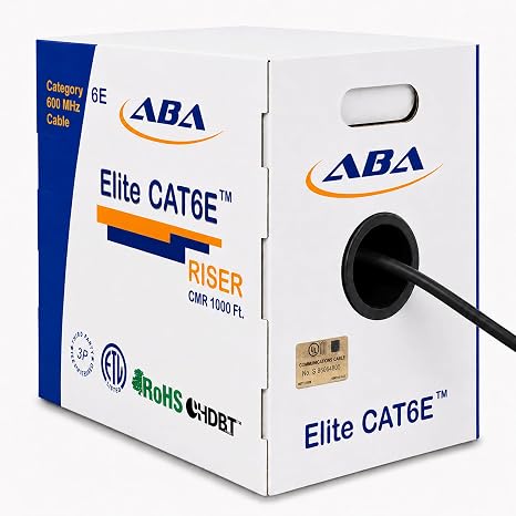 Elite Cat6 CMR Riser (CAT6e) Ethernet Cable 1000ft, 24AWG, Solid Bare Copper Wire, 600MHz, w/Spline(Noise Reducing Cross Separator), UL Certified, Bulk LAN Cable - Black