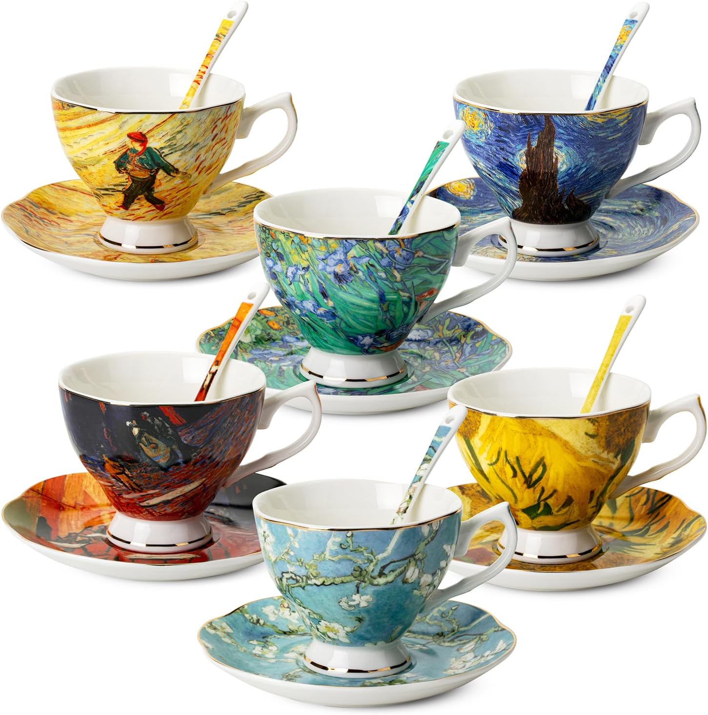 BTaT Porcelain Tea Cups & Saucers - Set of 6 (8 oz) with Spoon