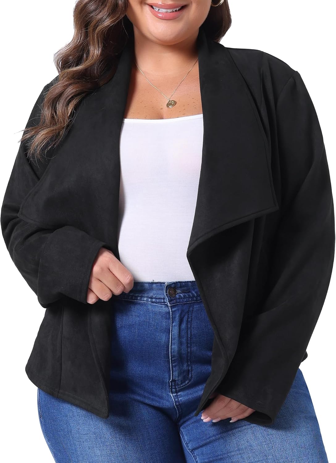 Agnes Orinda Plus Size Faux Suede Jacket for Women Lapel Long Sleeve Open Front Cardigans Outerwear Jackets