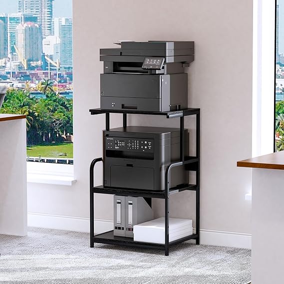 3-Tier Printer Stand, Large Printer Table on Wheels, Movable Printer Stand with Storage, Rolling Printer Cart for Fax Scanner Files Media Player, Multifunctional Trolley for Office Home Kitchen, Black