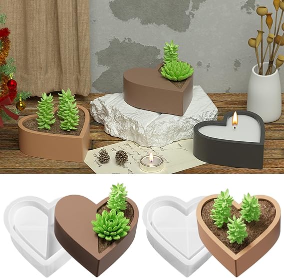 2Pcs Heart Shaped Flower Succulent Pot Silicone Molds, Concrete Candle Holder Mold, Cement Planter Pot Mold