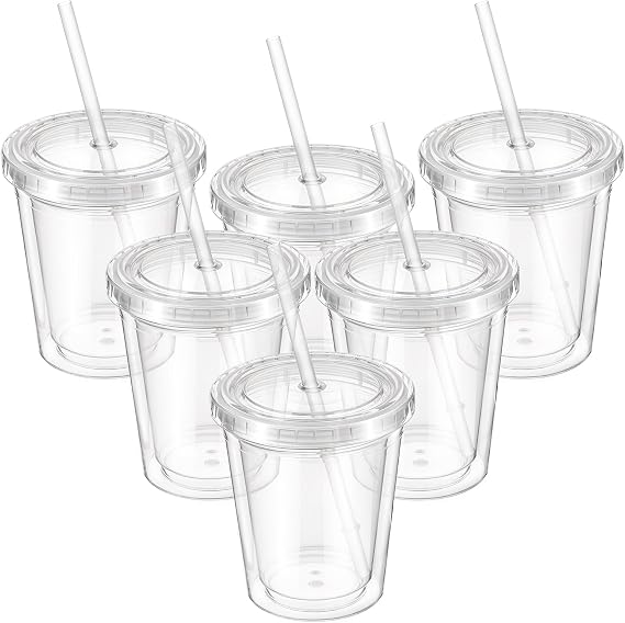 6 Pcs Clear Tumblers with Lid and Straw for Kids, 12 oz Insulated Acrylic Double Wall Cups Toddlers Reusable Plastic Cup Kids Bulk