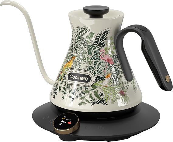Cocinare Gooseneck Electric Kettle, 0.5F Precise Temperature Control, 1500W Fast Heating, Pour-Over Coffee & Tea, Stainless Steel, 0.6L (Color-changing Jungle Design)