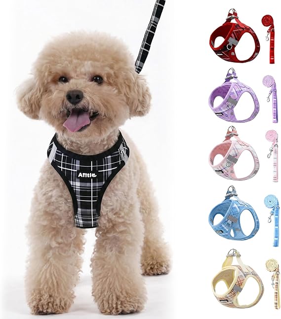 AIITLE Step in Dog Harness and Leash Set Plaid Adjustable, Black XS