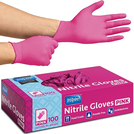 Inspire Pink Gloves Disposable Latex Free | Nitrile Pink Glove Hair and Nail Salon, Esthetician Nitrile Disposable Gloves