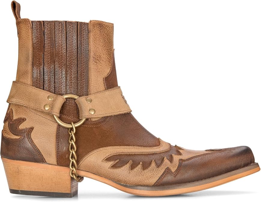 Mens Leather Cowboy Ankle Boots Brown Cuban Biker Winklepickers Western Country