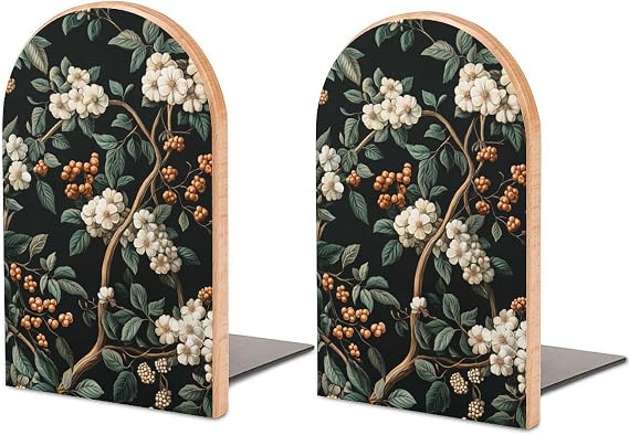 Vintage Botanical Tree Branches Flowers Berries Wooden Bookends Shelves 2 PCS Sturdy Book Holders Desktop Organizer for Home Office Libraries