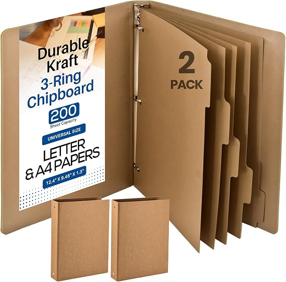 Kraft Chipboard 3 Ring Binder 1 Inch, 2 Pack with 5 Dividers, D-Ring, Holds 200 Sheets, Eco-Friendly Chipboard, Fits Letter Size 8.5 x 11 Paper, Riveted Brown for Office, School, Home - Performore
