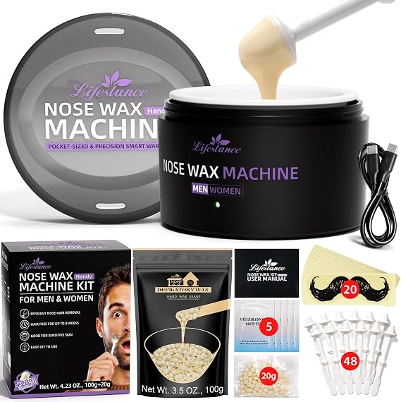 Lifestance Nose Wax Kit for Men & Women - 120g Nose Hair Wax Kit with USB C - Fast Heating, Smart Temp Control, 48 Sticks, Painless Ear Hair Removal, Compact, Travel-Ready, Multi-Accessories