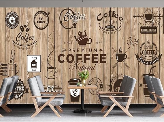 Coffee Shop Wallpaper Modern Non Peel and Stick Coffee Mural | Retro Coffee Non Peel and Stick Wallpapers, Size Silk Fabric 78" W x 55" H