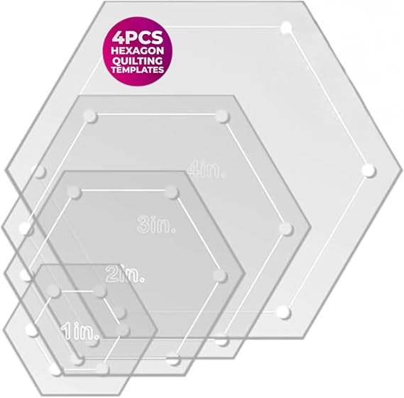 Hexagon Quilting Template Set - 4", 3", 2", 1" Sizes with 1/4" Seam Allowance - Durable Acrylic Templates for Quilting, Patchwork, Crafting, Sewing Projects - Clear Templates for Accuracy