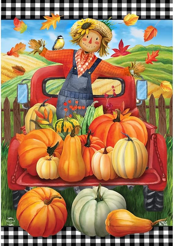 Pumpkin Pickup Scarecrow Fall Garden Flag Checkered Autumn 12.5" x 18" Briarwood Lane