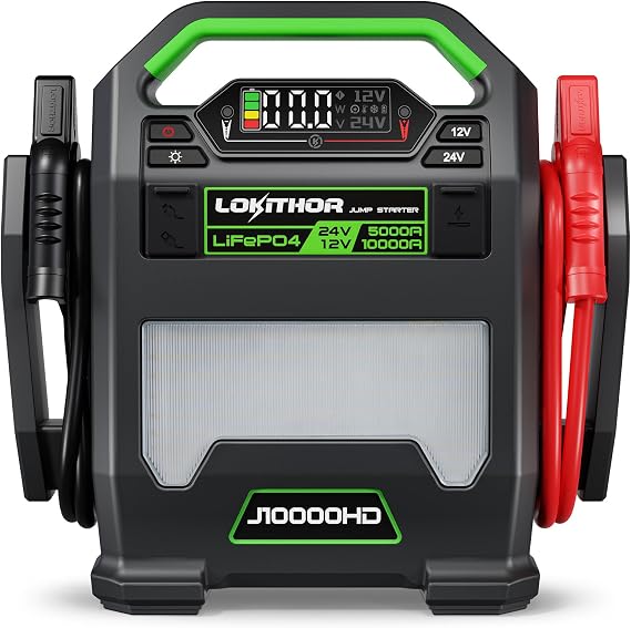 LOKITHOR J10000HD 10000 Amp 12-Volt and 5000 Amp 24-Volt Jump Starter, Portable Lithium Iron Phosphate (LiFePO4) Car Battery Booster Pack, Jumper Box for Gasoline and Diesel Engines Up to 16-Liters