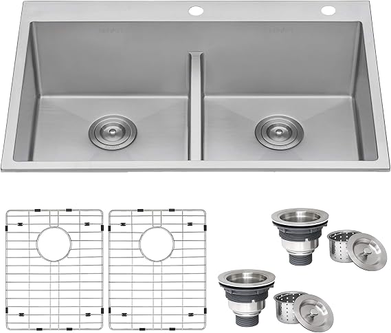 Ruvati 33-in 50/50 Low-Divide Drop-in Double Kitchen Sink - RVH8051
