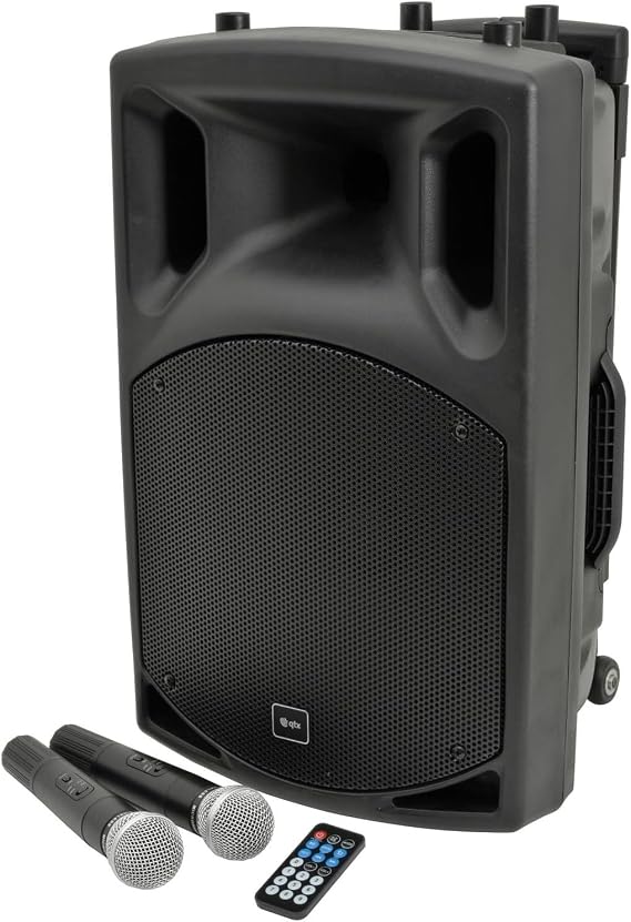 qtx QX12PA Complete Portable PA System | 2 x Wireless Microphones & Media player with USB/SD/FM & Bluetooth Connectivity | Large 12" Full Range Bluetooth Speaker with Trolley Wheels & Handle for Party, Karaoke & Events 200W Max Power