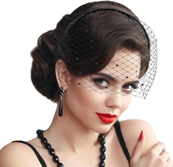 Black Veil Headband Mesh Black Fascinators Birdcage Veil Vintage Lace Veil 1920s Headpiece for Women Wedd Halloween