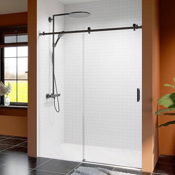 Frameless Sliding Shower Door, 56-60" W x 74" H, Matte Black