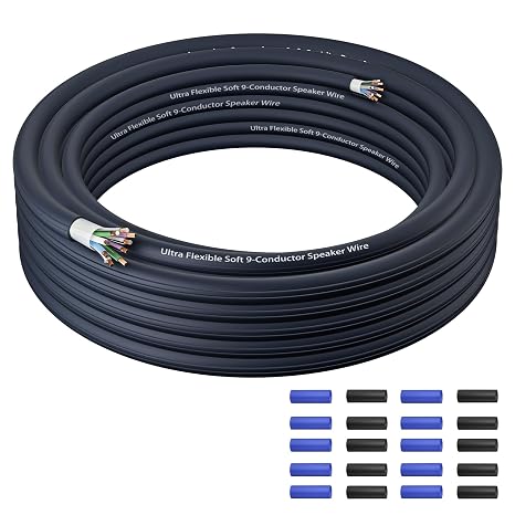 9 Conductor Speaker Wire 25 FT, 18 Gauge CCA Stranded Cable, 18AWG 4-Channel Speaker Wire and Remote Wire for Car Audio Systems, Ultra-Flex and Easy Peel Jacket, Blue